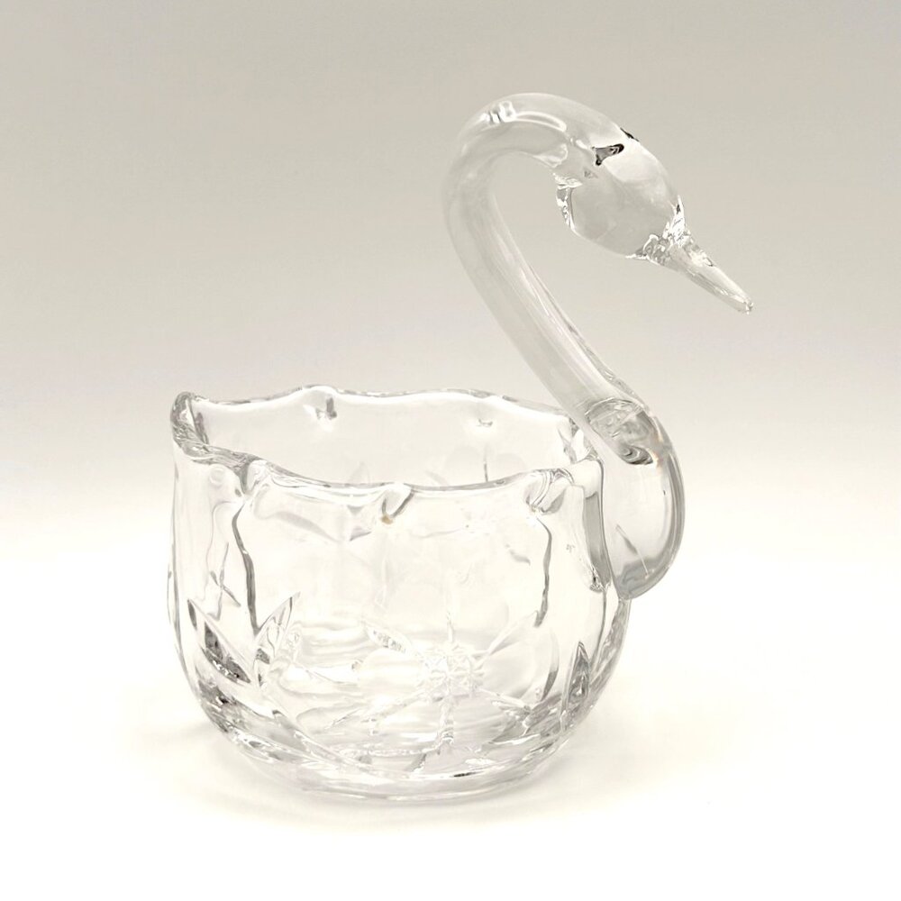Bohemia Czech Glass Swan Ring Holder With Pinwheel Floral Design Vintage